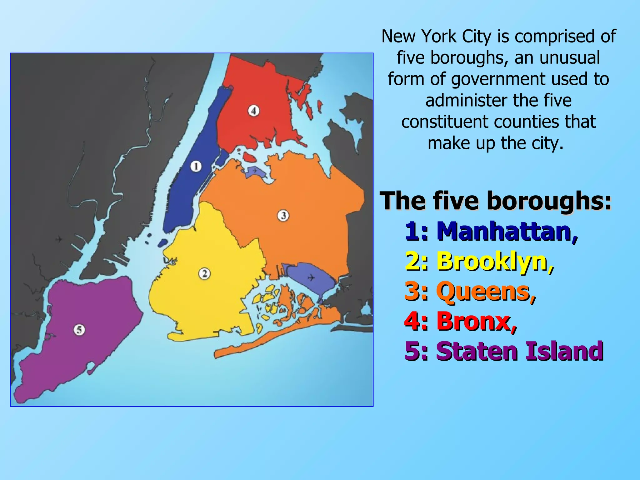 The five boroughs:   1: Manhattan ,   2: Brooklyn ,   3: Queens ,   4: Bronx ,   5: Staten Island New York City is comprised of five boroughs, an unusual form of government used to administer the five constituent counties that make up the city.  