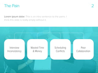 The Pain

2

Lorem ipsum dolar: This is an intro sentence to the pains. I
think this slide is really empty without it.

Interview
Inconsistency

Wasted Time
& Money

Scheduling
Conﬂicts

Poor
Collaboration

 