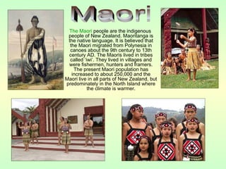 The Maori people are the indigenous
people of New Zealand. Maoritanga is
the native language. It is believed that
the Maori migrated from Polynesia in
canoes about the 9th century to 13th
century AD. The Maoris lived in tribes
called ‘iwi’. They lived in villages and
were fishermen, hunters and framers.
The present Maori population has
increased to about 250,000 and the
Maori live in all parts of New Zealand, but
predominately in the North Island where
the climate is warmer.
 