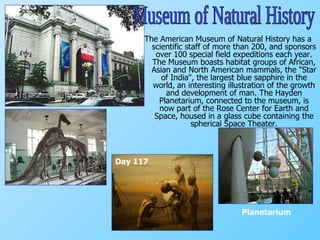 The American Museum of Natural History   has a scientific staff of more than 200, and sponsors over 100 special field expeditions each year. The Museum boasts habitat groups of African, Asian and North American mammals, the "Star of India", the largest blue sapphire in the world,   an interesting illustration of the growth and development of man. The Hayden Planetarium, connected to the museum, is now part of the Rose Center for Earth and Space, housed in a glass cube containing the spherical Space Theater. Museum of Natural History Planetarium Day 117 