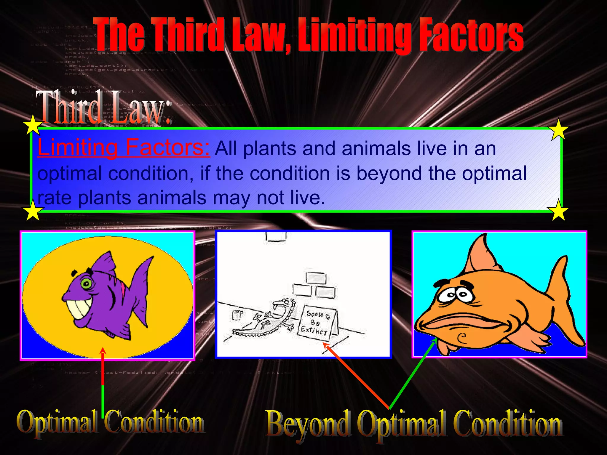 The Third Law, Limiting Factors Limiting Factors:   All plants and animals live in an optimal condition, if the condition is beyond the optimal rate plants animals may not live. Third Law: Optimal Condition Beyond Optimal Condition 