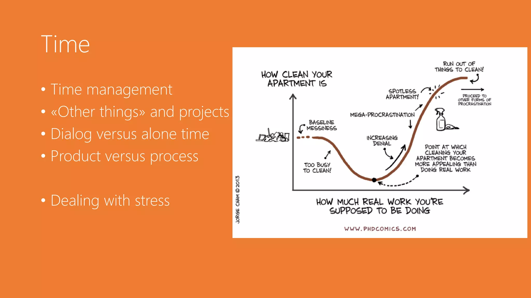 Time
• Time management
• «Other things» and projects
• Dialog versus alone time
• Product versus process
• Dealing with stress
 