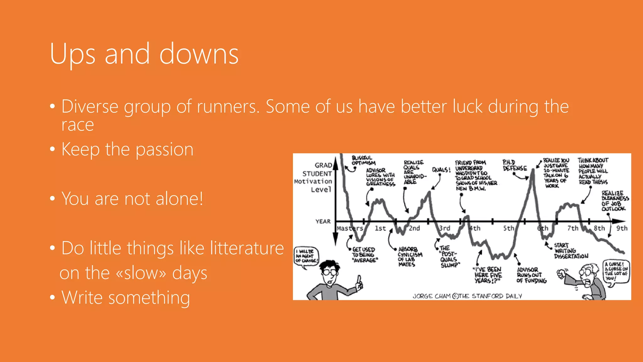 Ups and downs
• Diverse group of runners. Some of us have better luck during the
race
• Keep the passion
• You are not alone!
• Do little things like litterature
on the «slow» days
• Write something
 