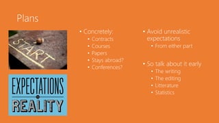 Plans
• Concretely:
• Contracts
• Courses
• Papers
• Stays abroad?
• Conferences?
• Avoid unrealistic
expectations
• From either part
• So talk about it early
• The writing
• The editing
• Litterature
• Statistics
 