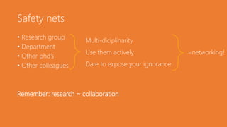 Safety nets
• Research group
• Department
• Other phd’s
• Other colleagues
Remember: research = collaboration
Multi-diciplinarity
Use them actively =networking!
Dare to expose your ignorance
 