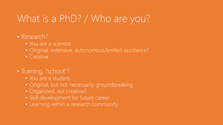 What is a PhD? / Who are you?
• Research?
• You are a scientist
• Original, extensive, autonomous/limited assistance?
• Creative
• Training, “school”?
• You are a student
• Original, but not necessarily groundbreaking
• Organized, not creative?
• Skill development for future career
• Learning within a research community
 