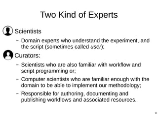 11
Two Kind of Experts
● Scientists
– Domain experts who understand the experiment, and
the script (sometimes called user);
● Curators:
– Scientists who are also familiar with workflow and
script programming or;
– Computer scientists who are familiar enough with the
domain to be able to implement our methodology;
– Responsible for authoring, documenting and
publishing workflows and associated resources.
 