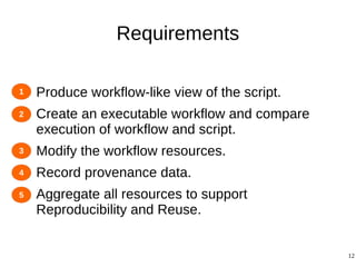 12
Requirements
● Produce workflow-like view of the script.
● Create an executable workflow and compare
execution of workflow and script.
● Modify the workflow resources.
● Record provenance data.
● Aggregate all resources to support
Reproducibility and Reuse.
1
2
3
4
5
 