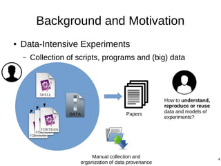 4
Background and Motivation
● Data-Intensive Experiments
– Collection of scripts, programs and (big) data
Manual collection and
organization of data provenance
Papers
How to understand,
reproduce or reuse
data and models of
experiments?
 