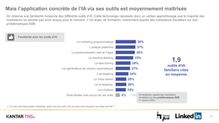 Mais l’application concrète de l’IA via ses outils est moyennement maîtrisée
17
On observe une familiarité moyenne des différents outils d’IA. Cette technologie nécessite donc un certain apprentissage que la majorité des
marketeurs ne semble pas avoir acquis pour le moment. > Un enjeu de formation, notamment auprès des marketeurs travaillant sur des
problématiques B2B.
38%
37%
36%
33%
28%
27%
24%
20%
20%
19%
8%
Le marketing programmatique
L’analyse prédictive
La personnalisation web et d’apps
Le machine learning
Le lead scoring
Les générateurs de contenu automatiques
L’ad targeting
Le Voice search
Le re-targeting
Les chatbots
N'est familier avec aucun de ces outils
Familiarité avec les outils d’IA
A7 En tant que responsable marketing, quels sont les outils d’IA suivants avec lesquels vous êtes familier ?
En tendance, auprès des marketeurs
travaillant sur des problématiques B2B
>> score à 23%
1,9
outils d’IA
familiers cités
en moyenne
 