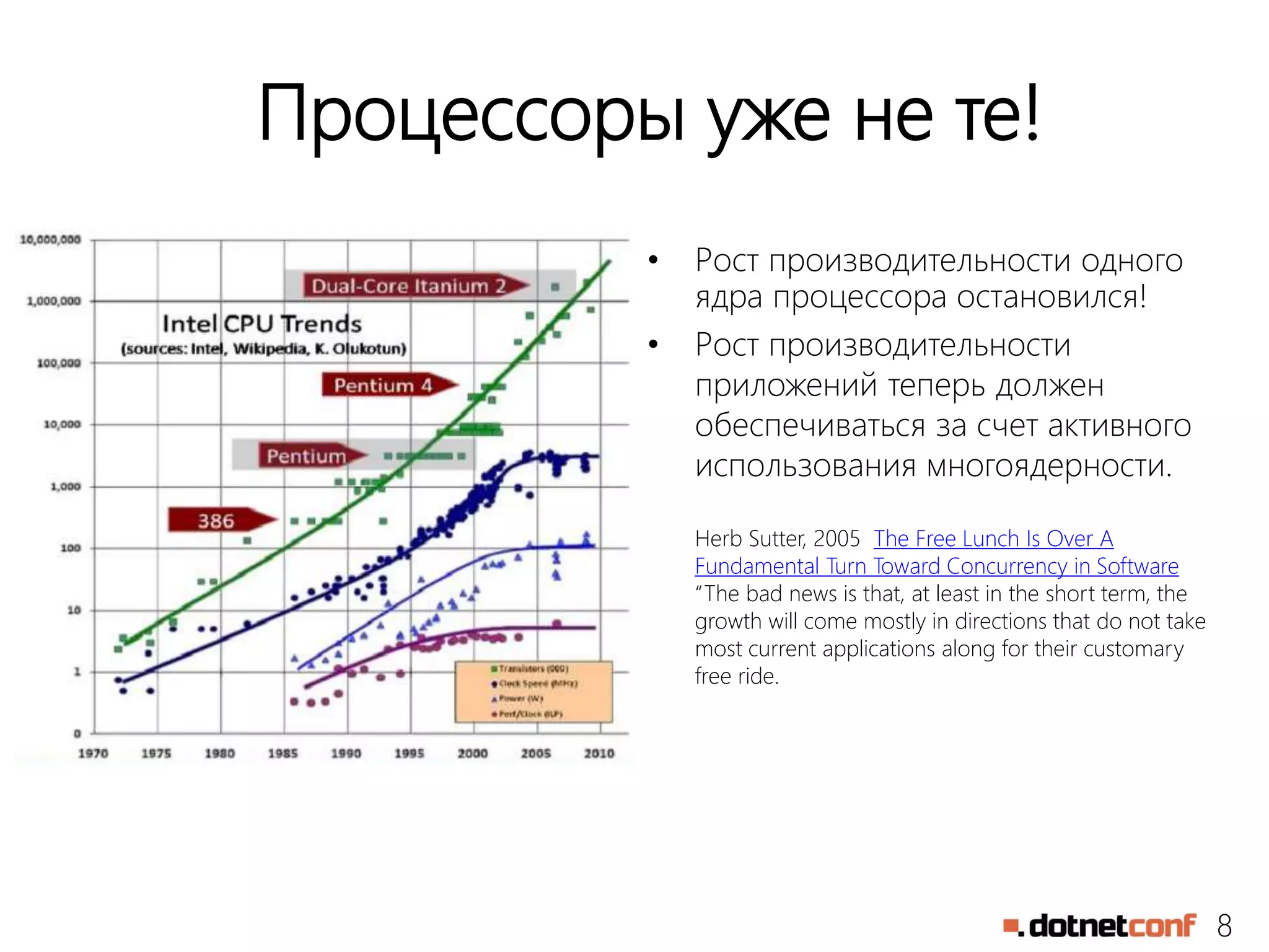 8
Процессоры уже не те!
• Рост производительности одного
ядра процессора остановился!
• Рост производительности
приложений теперь должен
обеспечиваться за счет активного
использования многоядерности.
Herb Sutter, 2005 The Free Lunch Is Over A
Fundamental Turn Toward Concurrency in Software
“The bad news is that, at least in the short term, the
growth will come mostly in directions that do not take
most current applications along for their customary
free ride.
 