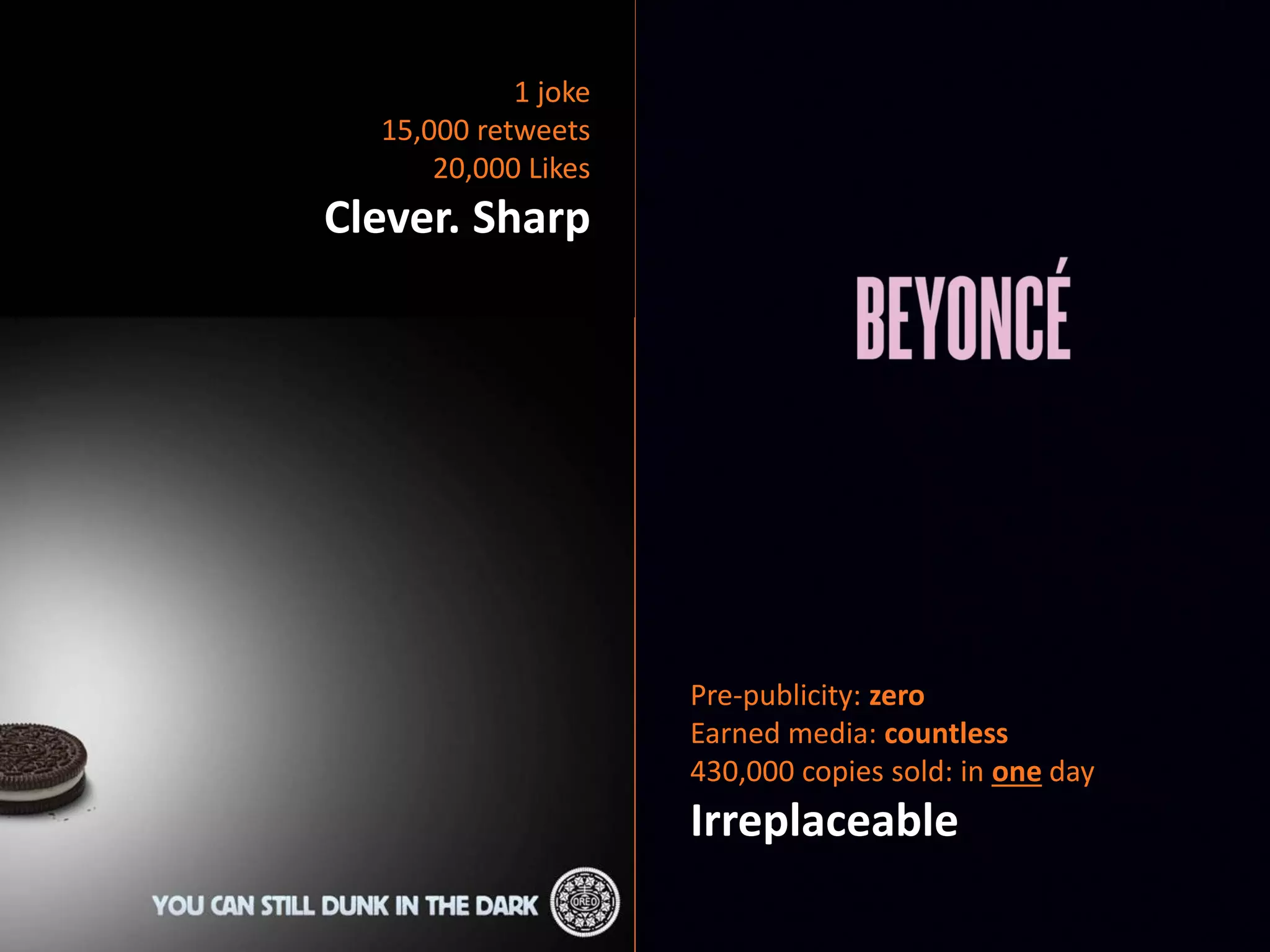 1 joke
15,000 retweets
20,000 Likes
Clever. Sharp
Pre-publicity: zero
Earned media: countless
430,000 copies sold: in one day
Irreplaceable
 