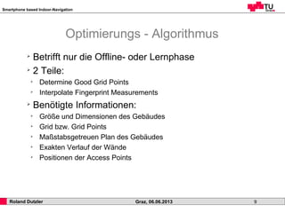 Smartphone based Indoor-Navigation
Roland Dutzler Graz, 06.06.2013 9
Optimierungs - Algorithmus
➢
Betrifft nur die Offline...