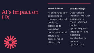 AI's Impact on
UX
Personalization
AI enhances user
experiences
through tailored
content,
adapting to
individual
preferences and
improving
engagement
effectively.
Smarter Design
Data-driven
insights empower
designers to
make informed
decisions,
optimizing user
interactions and
boosting
satisfaction in
various
applications.
 