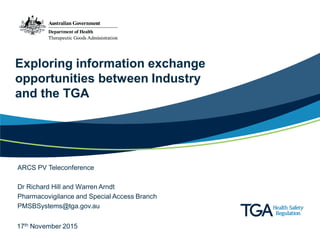 Exploring information exchange
opportunities between Industry
and the TGA
ARCS PV Teleconference
Dr Richard Hill and Warren Arndt
Pharmacovigilance and Special Access Branch
PMSBSystems@tga.gov.au
17th November 2015
 