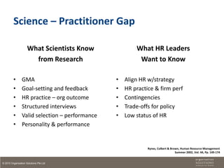 Science – Practitioner Gap

                     What Scientists Know               What HR Leaders
                       from Research                     Want to Know

         •      GMA                             •   Align HR w/strategy
         •      Goal-setting and feedback       •   HR practice & firm perf
         •      HR practice – org outcome       •   Contingencies
         •      Structured interviews           •   Trade-offs for policy
         •      Valid selection – performance   •   Low status of HR
         •      Personality & performance


                                                             Rynes, Colbert & Brown, Human Resource Management
                                                                                 Summer 2002, Vol. 44, Pp. 149-174


© 2010 Organisation Solutions Pte Ltd
 