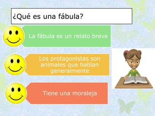 ¿Qué es una fábula?
La fábula es un relato breve
Los protagonistas son
animales que hablan
generalmente
Tiene una moraleja
 