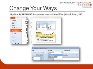 Change Your Ways
Update SHAREPOINT Properties from within Office (Word, Excel, PPT)
 