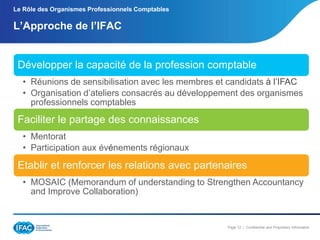 Le Rôle des Organismes Professionnels Comptables

L’Approche de l’IFAC

Développer la capacité de la profession comptable
• Réunions de sensibilisation avec les membres et candidats à l’IFAC
• Organisation d’ateliers consacrés au développement des organismes
professionnels comptables

Faciliter le partage des connaissances
• Mentorat
• Participation aux événements régionaux

Etablir et renforcer les relations avec partenaires
• MOSAIC (Memorandum of understanding to Strengthen Accountancy
and Improve Collaboration)

Page 12 | Confidential and Proprietary Information

 