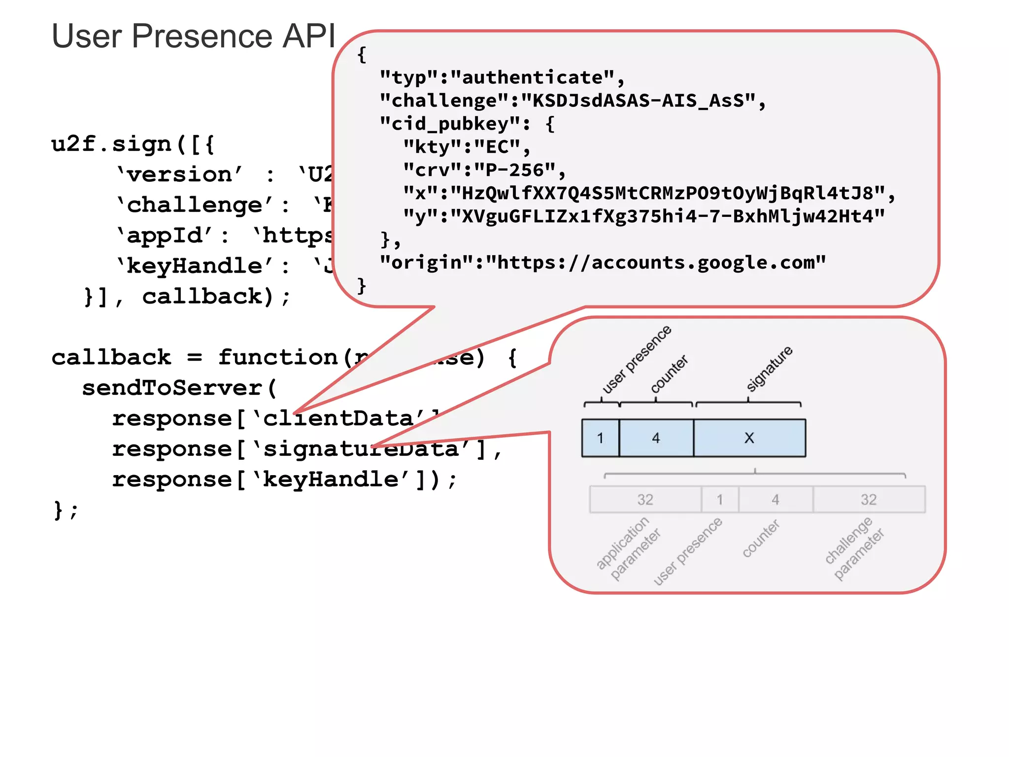 User Presence API
u2f.sign([{
‘version’ : ‘U2F_V2’,
‘challenge’: ‘KSDJsdASAS-AIS_AsS’,
‘appId’: ‘https://www.google.com/facets.json’,
‘keyHandle’: ‘JkjhdsfkjSDFKJ_ld-sadsAJDKLSAD’
}], callback);
callback = function(response) {
sendToServer(
response[‘clientData’],
response[‘signatureData’],
response[‘keyHandle’]);
};
{
"typ":"authenticate",
"challenge":"KSDJsdASAS-AIS_AsS",
"cid_pubkey": {
"kty":"EC",
"crv":"P-256",
"x":"HzQwlfXX7Q4S5MtCRMzPO9tOyWjBqRl4tJ8",
"y":"XVguGFLIZx1fXg375hi4-7-BxhMljw42Ht4"
},
"origin":"https://accounts.google.com"
}
 