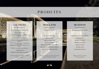 avec services hôteliers
PRODUITS
Accueil personnalisé 
Huile d’Olive de nos propriétés en
Provence

Fleurs coupées et champagne

Cave avec sélection régionale à prix
domaine

Produits d’accueil Nuxe ou L’occitane en
Provence 

Ménage quotidien et nettoyage de fin de
séjour 
Entretien du jardin et de la piscine 
Concierge privé

Adresses immanquables de la région
Prix par nuit entre 1.000€ et 2.400€
pour 12 adultes
VACANCES
Expériences
Week-end BIEN-ÊTRE

Week-end GOLF

Week-end WINE TOUR

Week-end SPORT

Week-end LE COEUR DES FEMMES

Week-end LE COEUR DES HOMMES

Week-end LE COEUR DES AMIS
Prix pour 3 jours et 2 nuits tout inclus
à partir de 650€ / personne
WEEK END
Lancement produit
Shooting photo catalogue produit

Tournage film

Soirée de lancement

Séminaire partenaires

Séminaire cadres

Invitation clients

Assemblées Générales
Offre sur-mesure sur devis
TVA récupérable
BUSINESS
 
