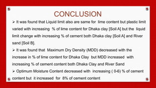  It was found that Liquid limit also are same for lime content but plastic limit
varied with increasing % of lime content for Dhaka clay [Soil A] but the liquid
limit change with increasing % of cement both Dhaka clay [Soil A] and River
sand [Soil B].
 It was found that Maximum Dry Density (MDD) decreased with the
increase in % of lime content for Dhaka Clay but MDD increased with
increasing % of cement content both Dhaka Clay and River Sand
 Optimum Moisture Content decreased with increasing ( 0-6) % of cement
content but it increased for 8% of cement content
CONCLUSION
 