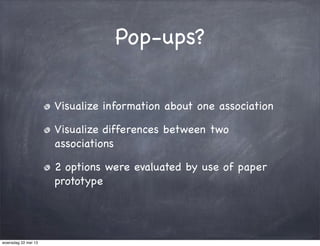 Pop-ups?
Visualize information about one association
Visualize differences between two
associations
2 options were evaluated by use of paper
prototype
woensdag 22 mei 13
 