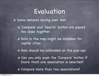 Evaluation
Some remarks during user test
‘Compare’ and ‘Search’ button are placed
too close together.
Dots in the map might be mistaken for
capital cities
Axis should be calibrated on the pop-ups
Can you only push the ‘Compare’ button if
(more than) one association is selected?
Compare more than two associations?
woensdag 22 mei 13
 