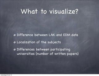 What to visualize?
Difference between LAK and EDM data
Localization of the subjects
Differences between participating
universities (number of written papers)
woensdag 22 mei 13
 
