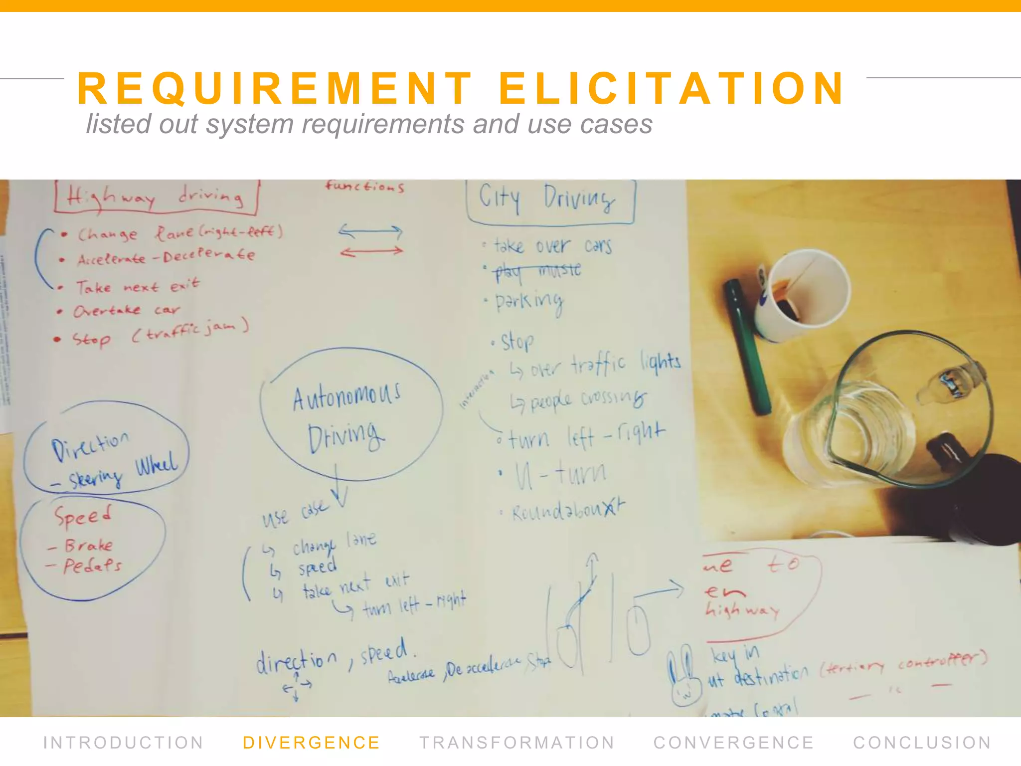 L I T E R AT U R E R E V I E W
I N T R O D U C T I O N D I V E R G E N C E T R A N S F O R M AT I O N C O N V E R G E N C E C O N C L U S I O N
design challenges and limitations in touch - based interfaces
Utilization of tablet affordance
Intuitiveness & efficiency
Overlay cover for better affordance
 