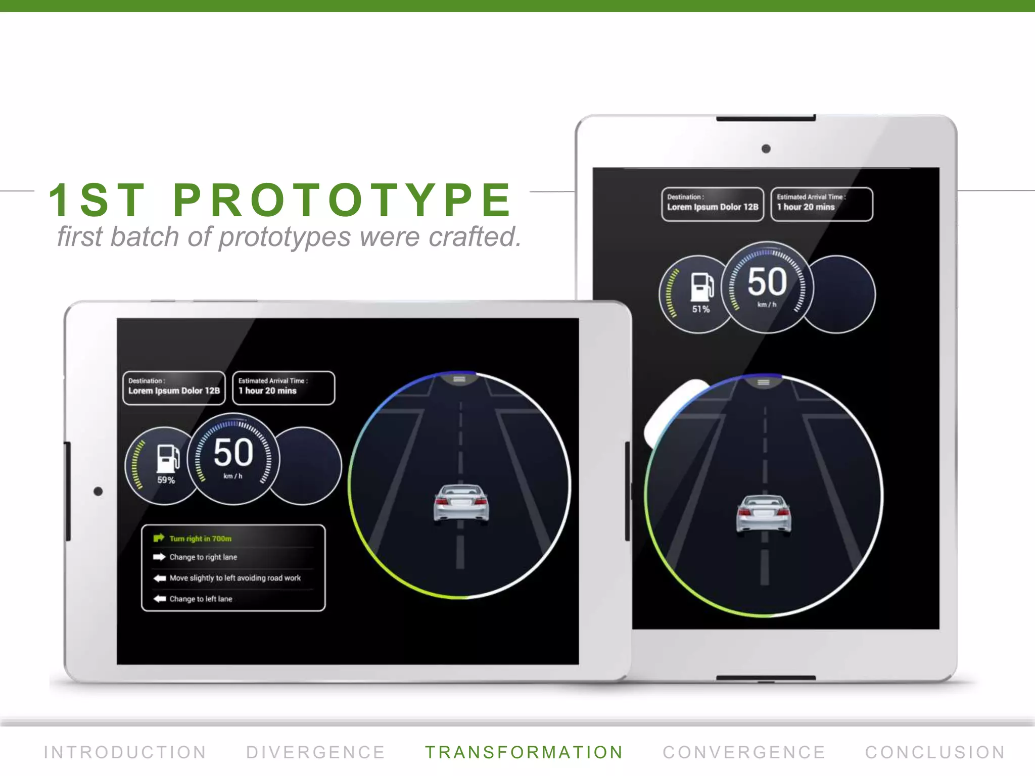 U S E R S T U D I E S
I N T R O D U C T I O N D I V E R G E N C E T R A N S F O R M AT I O N C O N V E R G E N C E C O N C L U S I O N
participatory design - 'Build - Try - Express'
Highway Driving
Participants say:
There's nothing much to do here. 
I will trust the automation.
Facing obstacle
Participants say:
I concern about my safety. I need 
do something. I want more control.
I want to know everything!
Then, participants also say
 