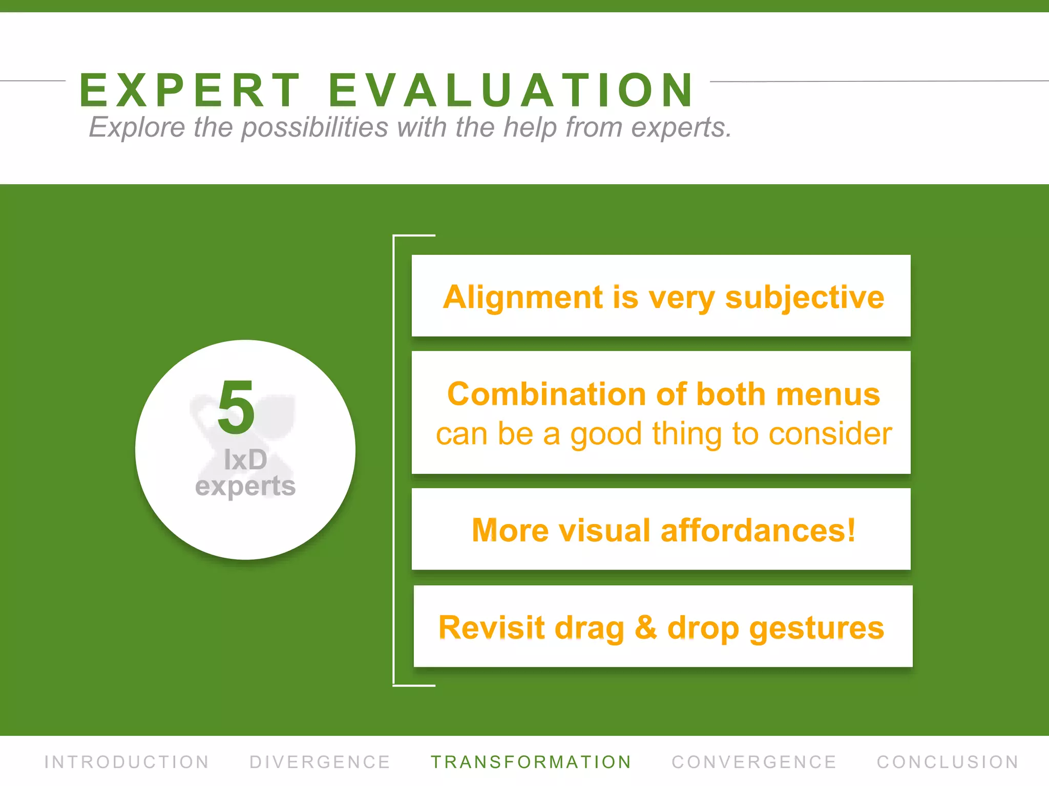 T R A N S F O R M AT I O N
I N T R O D U C T I O N D I V E R G E N C E T R A N S F O R M AT I O N C O N V E R G E N C E C O N C L U S I O N
Design Iterations - Expert Evaluation
 