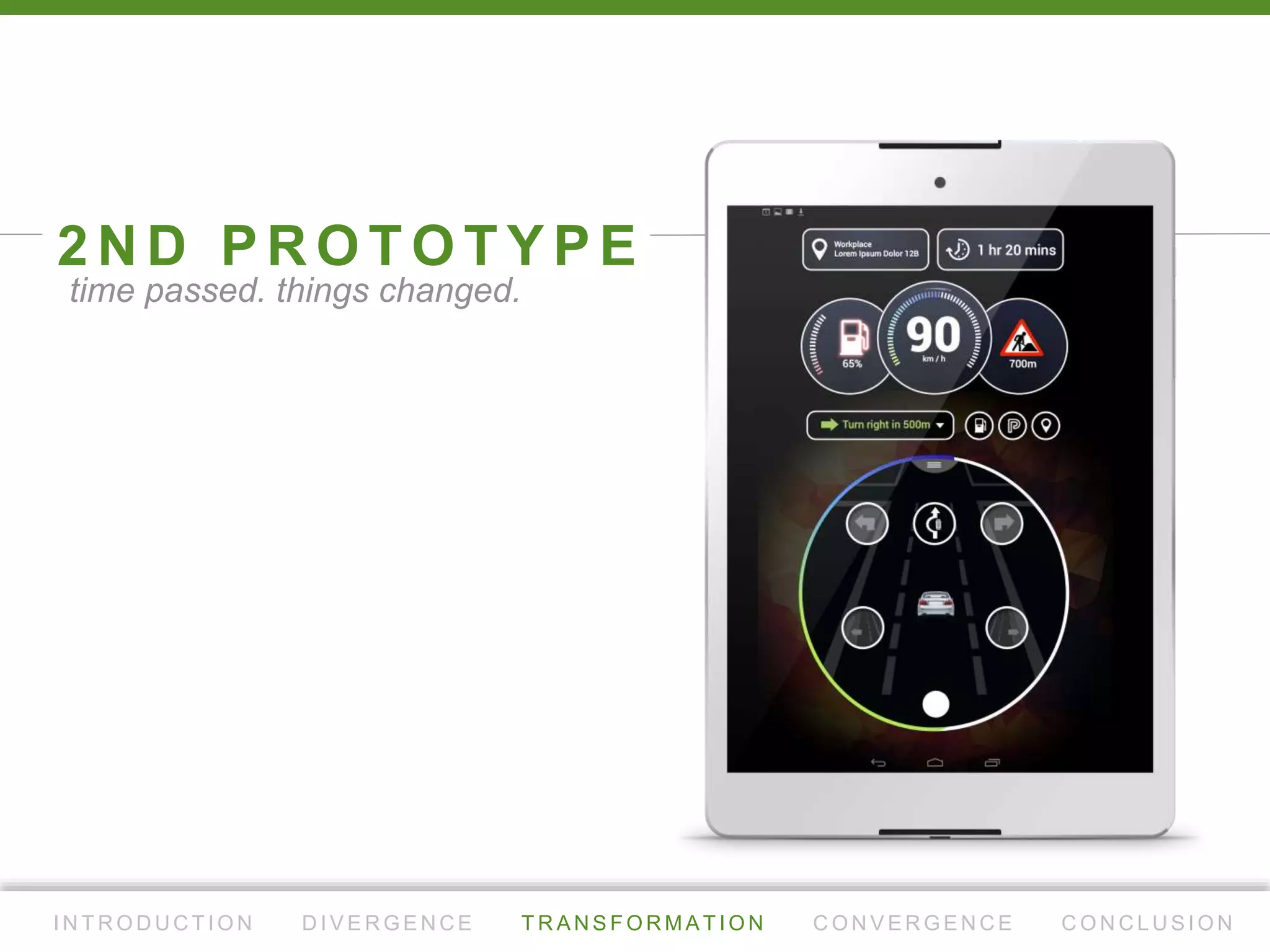 A F F I N I T Y D I A G R A M
I N T R O D U C T I O N D I V E R G E N C E T R A N S F O R M AT I O N C O N V E R G E N C E C O N C L U S I O N
Beginning of 1st design iteration. An emergence of dominant ideas.
 