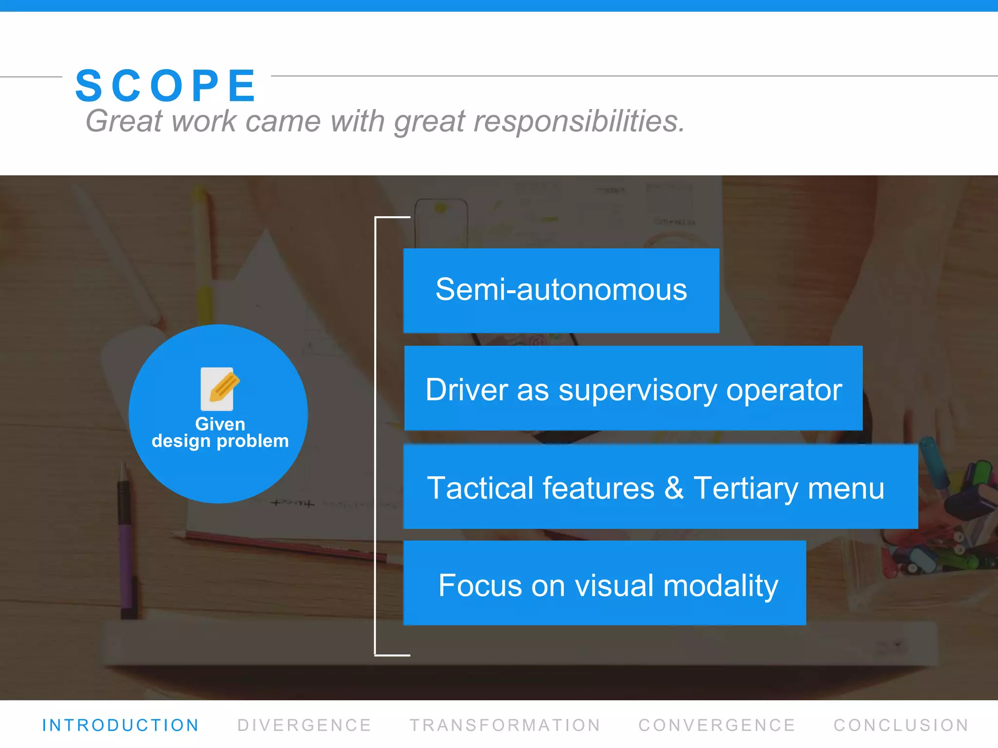 S C O P E
I N T R O D U C T I O N D I V E R G E N C E T R A N S F O R M AT I O N C O N V E R G E N C E C O N C L U S I O N
Great work came with great responsibilities.
Semi-autonomous
Tactical features & Tertiary menu
Focus on visual modality
Driver as supervisory operator
Given
design problem
 