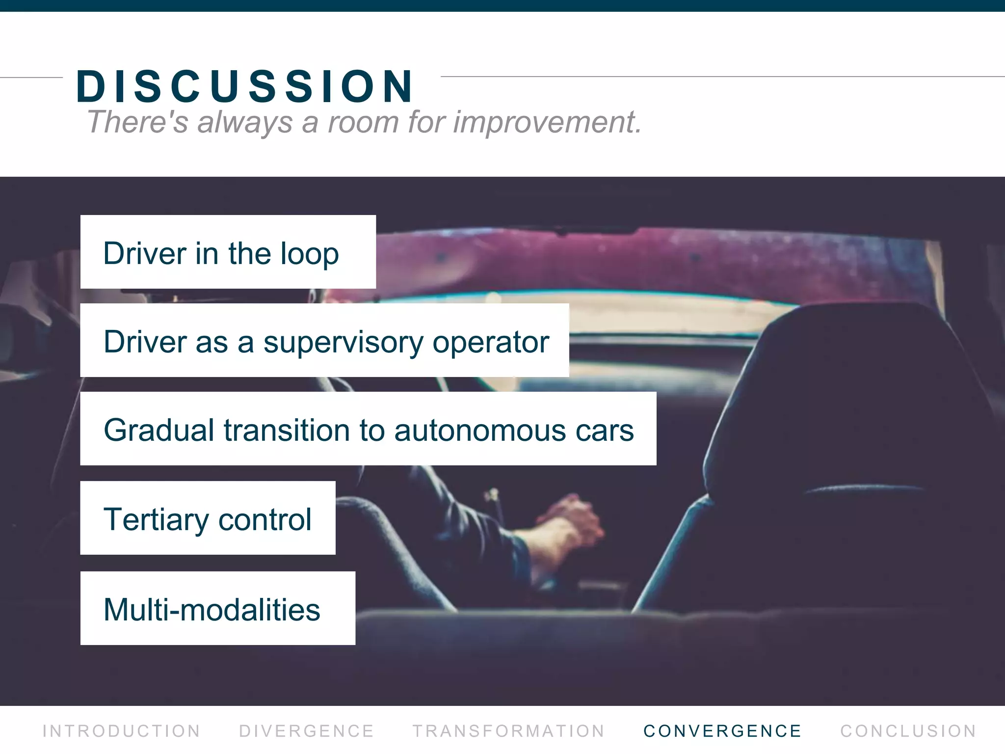VA L I D AT I O N
I N T R O D U C T I O N D I V E R G E N C E T R A N S F O R M AT I O N C O N V E R G E N C E C O N C L U S I O N
What to validate?
U SUsability
Efﬁciency Effectiveness Satisfaction
U SSemi-Autonomous Driving Experience
Trust Controllability
 