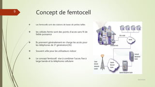  Ils prennent généralement en charge les accès pour
les téléphones de 3e génération(3G)
Concept de femtocell
 les cellules femto sont des points d’acces sans fil de
faible puissance
 Les femtocells sont des stations de bases de petites tailles
 Souvent utile pour les utilisateurs indoor
 Le concept femtocell vise à combiner l’acces fixe à
large bande et la téléphonie cellulaire
28/10/2016
9
 