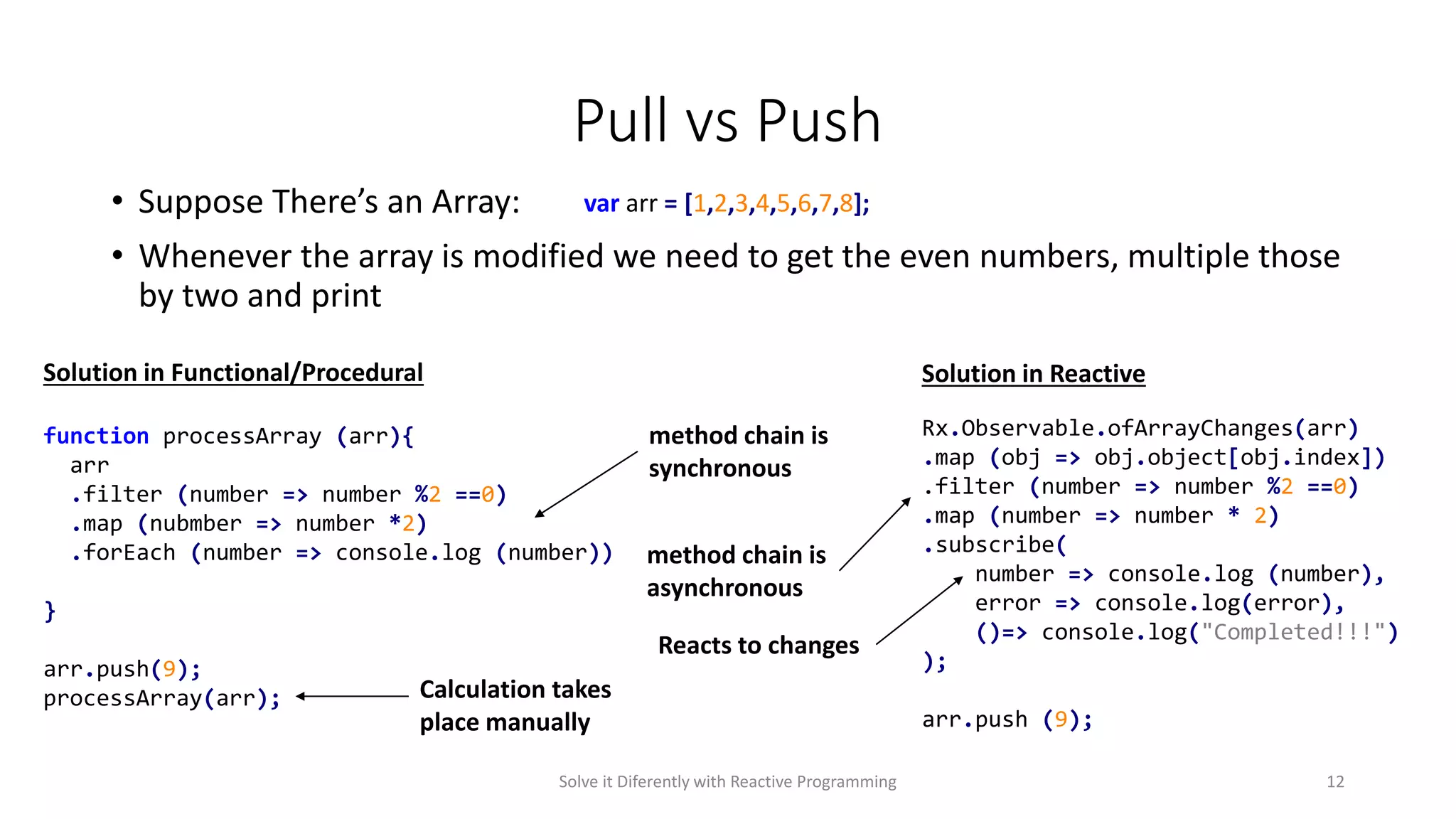Pull vs Push
• Suppose There’s an Array:
• Whenever the array is modified we need to get the even numbers, multiple those
by two and print
var arr = [1,2,3,4,5,6,7,8];
Rx.Observable.ofArrayChanges(arr)
.map (obj => obj.object[obj.index])
.filter (number => number %2 ==0)
.map (number => number * 2)
.subscribe(
number => console.log (number),
error => console.log(error),
()=> console.log("Completed!!!")
);
arr.push (9);
function processArray (arr){
arr
.filter (number => number %2 ==0)
.map (nubmber => number *2)
.forEach (number => console.log (number))
}
arr.push(9);
processArray(arr);
Solution in Functional/Procedural Solution in Reactive
method chain is
synchronous
method chain is
asynchronous
Calculation takes
place manually
Reacts to changes
Solve it Diferently with Reactive Programming 12
 