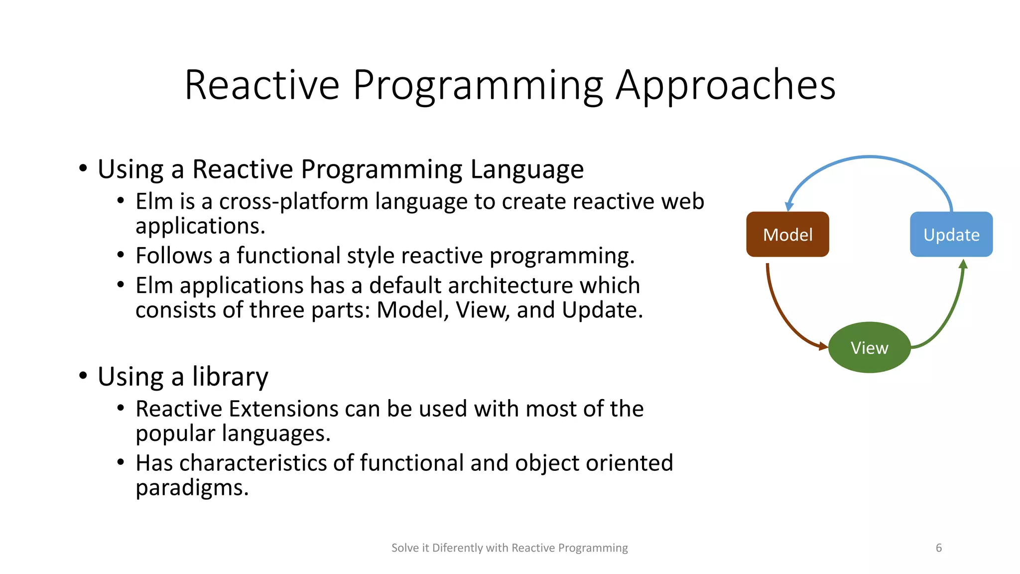 Reactive Programming Approaches
• Using a Reactive Programming Language
• Elm is a cross-platform language to create reactive web
applications.
• Follows a functional style reactive programming.
• Elm applications has a default architecture which
consists of three parts: Model, View, and Update.
• Using a library
• Reactive Extensions can be used with most of the
popular languages.
• Has characteristics of functional and object oriented
paradigms.
Solve it Diferently with Reactive Programming 6
Model Update
View
 