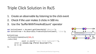 Triple Click Solution in RxJS
1. Create an observable by listening to the click event
2. Check if the user makes 3 clicks in 500 ms
3. Use the ‘bufferWithTimeAndCount’ operator
var buttonElement = document.getElementById("idButton");
var buttonStream = Rx.Observable.fromEvent(buttonElement, 'click');
buttonStream
.bufferWithTimeAndCount(500,3)
.subscribe(
event => alert("Triple Click Captured!!!"),
error => console.log (“Error Occurred!!!”),
() => {}
);
Solve it Diferently with Reactive Programming 15
 