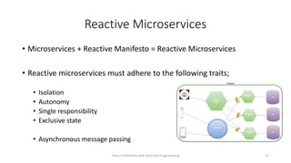 Reactive Microservices
• Microservices + Reactive Manifesto = Reactive Microservices
• Reactive microservices must adhere to the following traits;
• Isolation
• Autonomy
• Single responsibility
• Exclusive state
• Asynchronous message passing
Solve it Diferently with Reactive Programming 21
 
