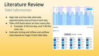 Literature Review
Tidal Information
● High tide and low tide alternate
approximately every 6 hours each day
● Tides shift back about an hour every day
○ Example: 6:30 one day, and 7:30 the
next, etc.
● Estimate timing and inflow and outflow
rates based on Huger Creek tidal data
 