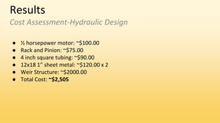 Results
Cost Assessment-Hydraulic Design
● ½ horsepower motor: ~$100.00
● Rack and Pinion: ~$75.00
● 4 inch square tubing: ~$90.00
● 12x18 1” sheet metal: ~$120.00 x 2
● Weir Structure: ~$2000.00
● Total Cost: ~$2,505
 