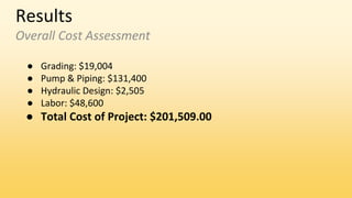 Results
Overall Cost Assessment
● Grading: $19,004
● Pump & Piping: $131,400
● Hydraulic Design: $2,505
● Labor: $48,600
● Total Cost of Project: $201,509.00
 