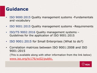 Guidance
• ISO 9000:2015 Quality management systems -Fundamentals
and vocabulary
• ISO 9001:2015 Quality management systems –Requirements
• ISO/TS 9002:2016 Quality management systems –
Guidelines for the application of ISO 9001:2015
• ISO 9001:2015 for Small Enterprises (What to do?)
• Correlation matrices between ISO 9001:2008 and ISO
9001:2015
(This is available along with other information from the link below)
www.iso.org/tc176/sc02/public.
 
