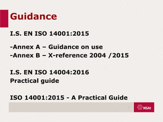 Guidance
I.S. EN ISO 14001:2015
-Annex A – Guidance on use
-Annex B – X-reference 2004 /2015
I.S. EN ISO 14004:2016
Practical guide
ISO 14001:2015 - A Practical Guide
.
 