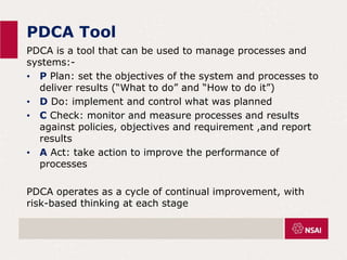 PDCA Tool
PDCA is a tool that can be used to manage processes and
systems:-
• P Plan: set the objectives of the system and processes to
deliver results (“What to do” and “How to do it”)
• D Do: implement and control what was planned
• C Check: monitor and measure processes and results
against policies, objectives and requirement ,and report
results
• A Act: take action to improve the performance of
processes
PDCA operates as a cycle of continual improvement, with
risk-based thinking at each stage
 