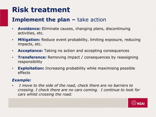 Risk treatment
Implement the plan – take action
• Avoidance: Eliminate causes, changing plans, discontinuing
activities, etc.
• Mitigation: Reduce event probability, limiting exposure, reducing
impacts, etc.
• Acceptance: Taking no action and accepting consequences
• Transference: Removing impact / consequences by reassigning
responsibility
• Exploitation: Increasing probability while maximising possible
effects
Example:
• I move to the side of the road, check there are no barriers to
crossing. I check there are no cars coming. I continue to look for
cars whilst crossing the road.
 