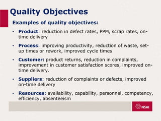 Quality Objectives
Examples of quality objectives:
• Product: reduction in defect rates, PPM, scrap rates, on-
time delivery
• Process: improving productivity, reduction of waste, set-
up times or rework, improved cycle times
• Customer: product returns, reduction in complaints,
improvement in customer satisfaction scores, improved on-
time delivery.
• Suppliers: reduction of complaints or defects, improved
on-time delivery
• Resources: availability, capability, personnel, competency,
efficiency, absenteeism
 