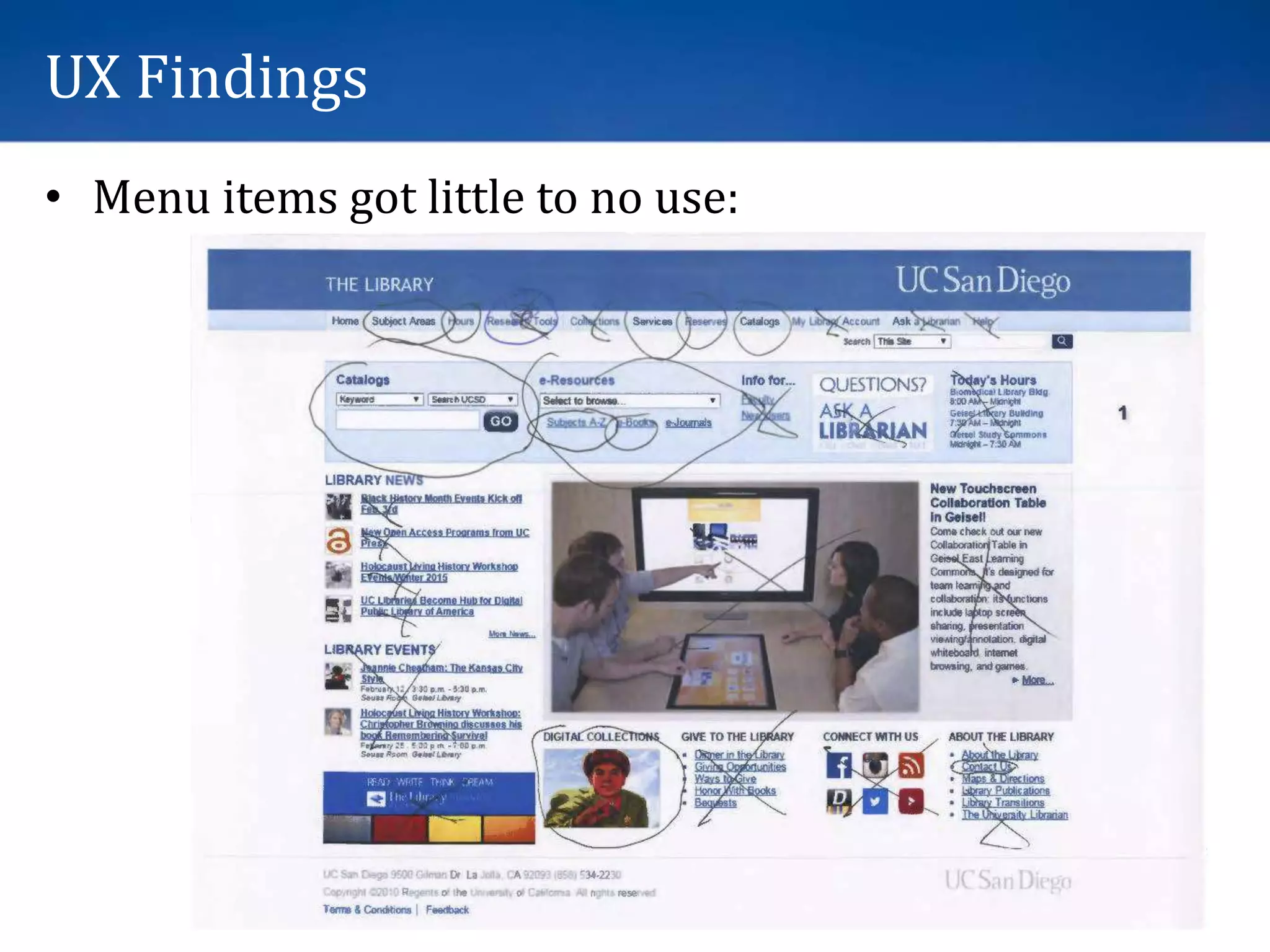 UX Findings
• Menu items got little to no use:
 