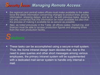 the regional (and central) sales offices must make available to the sales force the latest information concerning changes to product lines, pricing information, shipping delays, and so on. As with previous tasks, Acme is not only concerned that this information be made available but also that the process of making it available be as secure as possible. Also, as noted previously in the Table, all offices (sales, market­ing, and finance) must be able to access production figures and shipping times from the main production facility. S ecurity  I ssue:   Managing Remote Access: These tasks can be accomplished using a secure e-mail system. Thus, the Acme intranet design team decides that, due to the need to pass queries and other short messages among various employees, the primary intranet system will be supplemented with a dedicated mail server system to handle only internal e-mail. S olutions: 